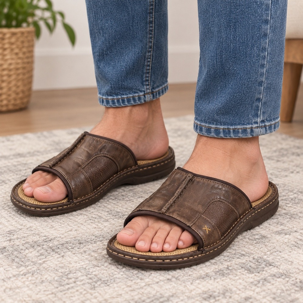 Margaritaville Slide Sandals Mens Brown Leather Tropical Casual Beach Shoes